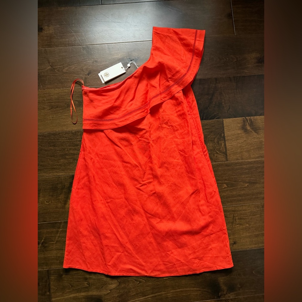 NWT- Tory Burch- Size S- Linen Ruffle One Shoulder Dress